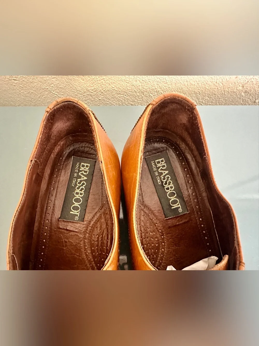 VTG Brassboot Mens Oxford Sz 8.5 D Tan Leather Cap Toe Brogue Italy Dress Shoes